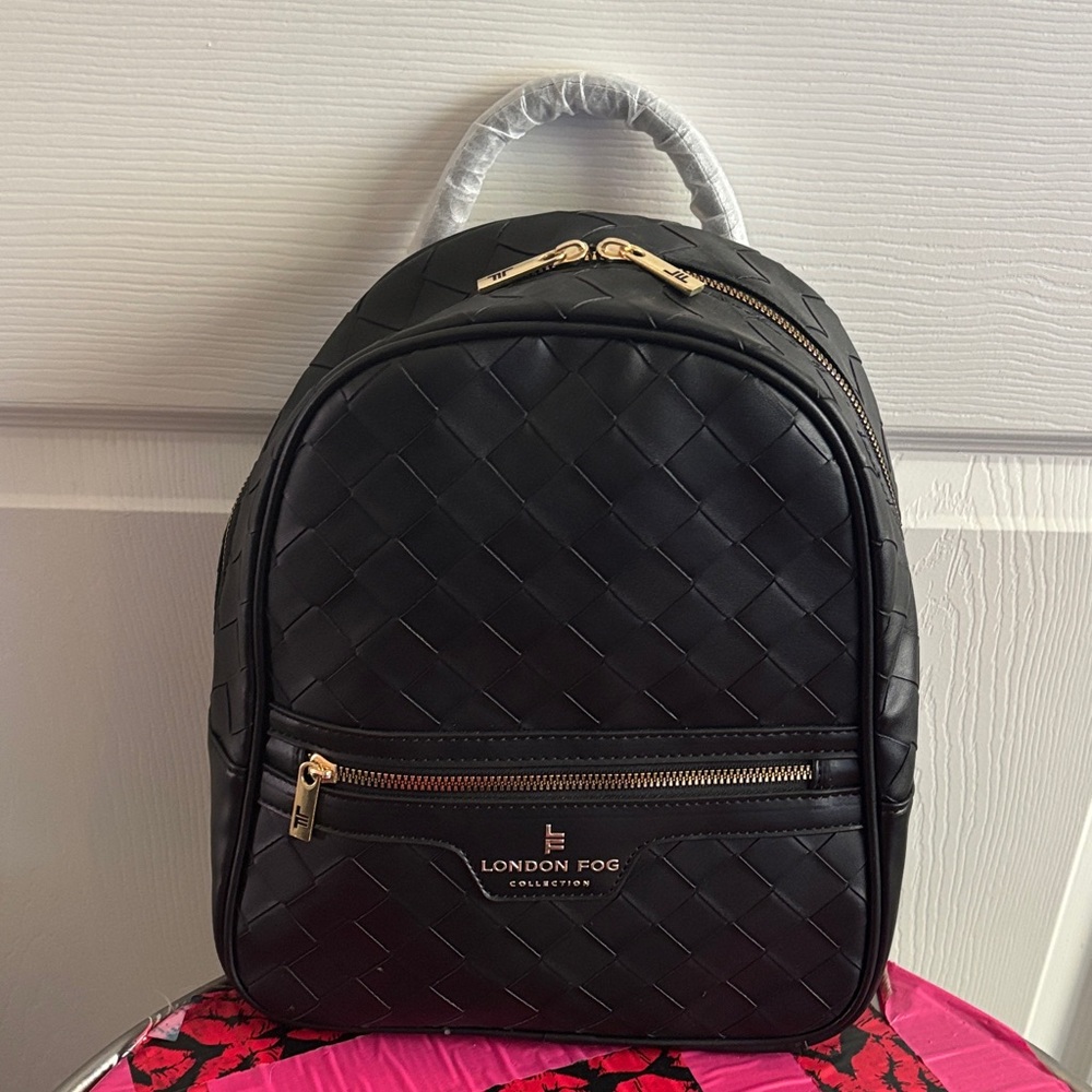 London Fog Black Quilted Backpack with Gold Accents